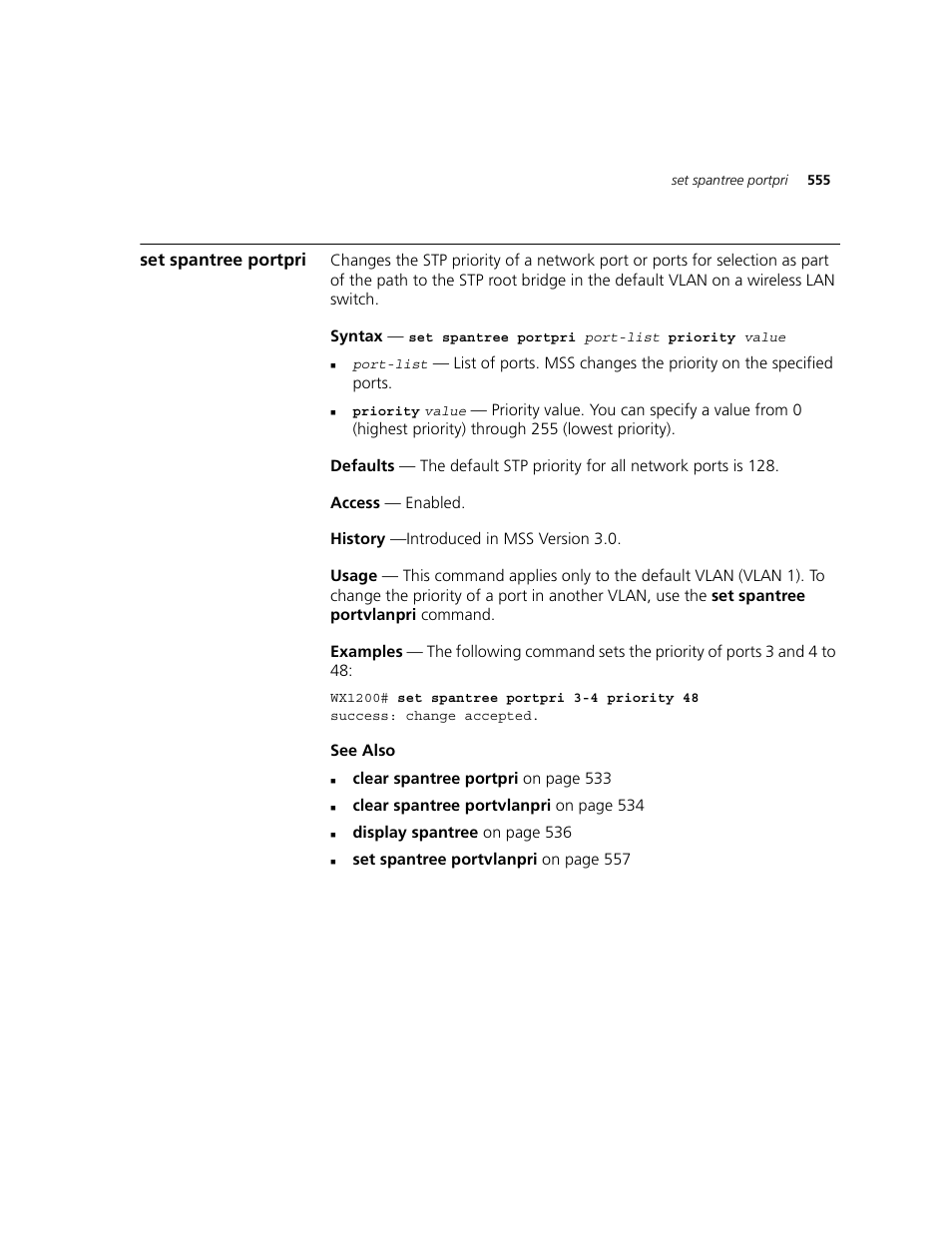 Set spantree portpri | 3Com WXR100 3CRWXR10095A User Manual | Page 555 / 800