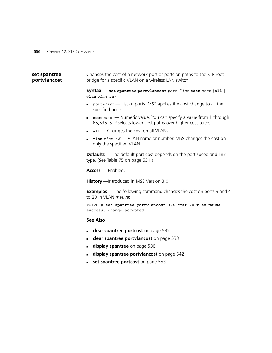 Set spantree portvlancost | 3Com WXR100 3CRWXR10095A User Manual | Page 556 / 800