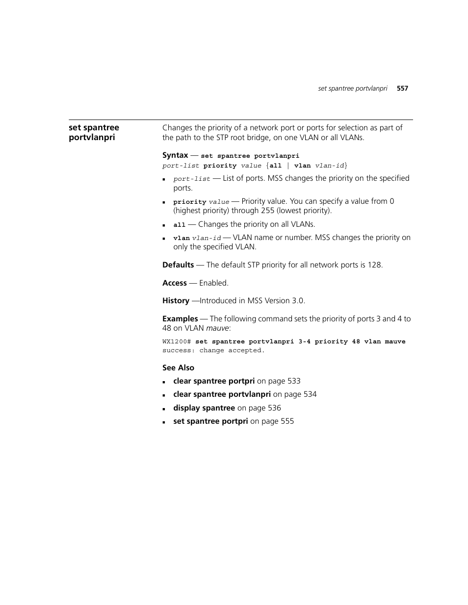 Set spantree portvlanpri | 3Com WXR100 3CRWXR10095A User Manual | Page 557 / 800