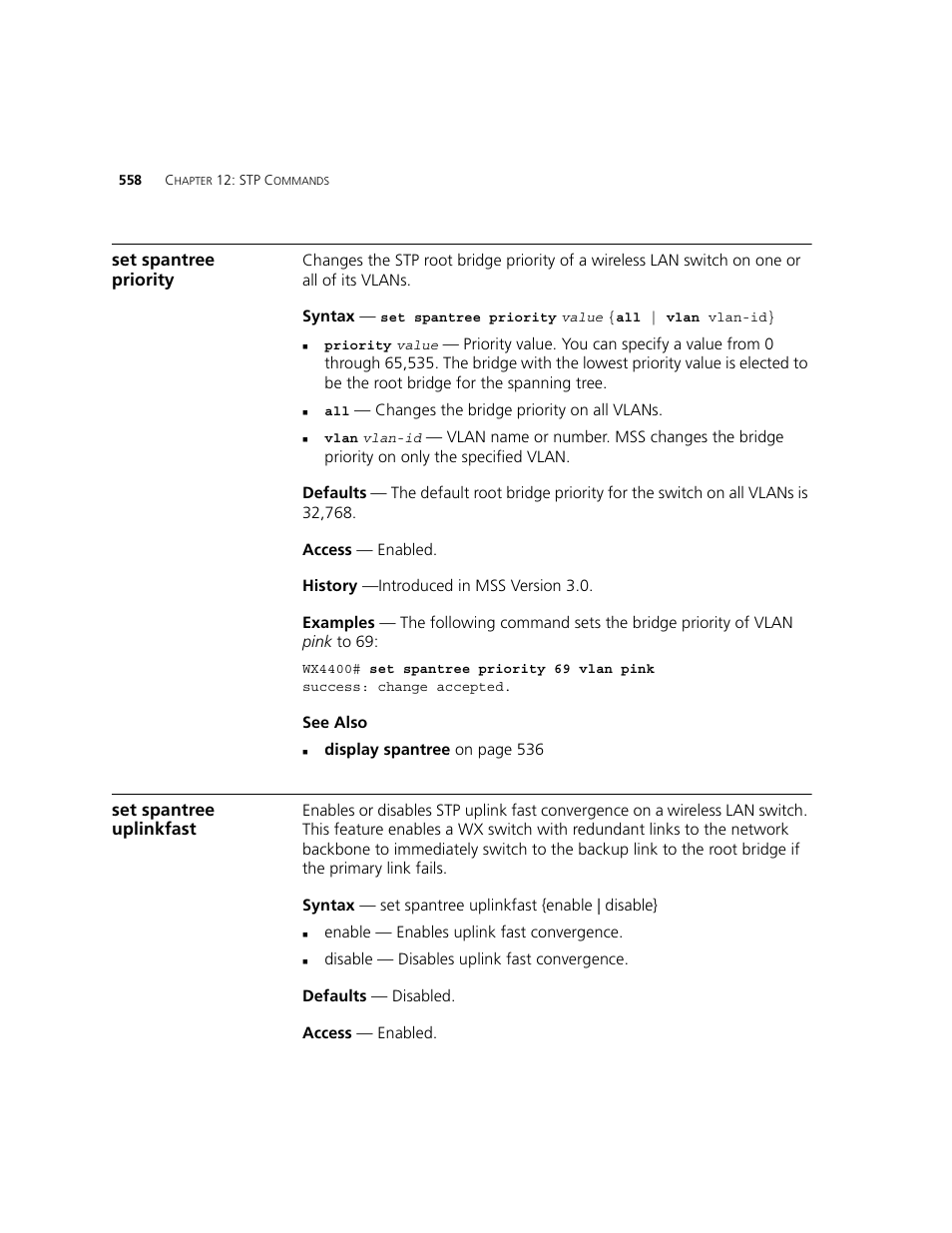 Set spantree priority, Set spantree uplinkfast | 3Com WXR100 3CRWXR10095A User Manual | Page 558 / 800