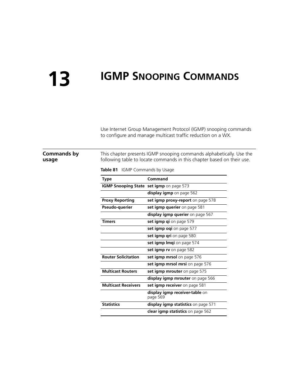 Igmp snooping commands, Commands by usage, Igmp s | Nooping, Ommands | 3Com WXR100 3CRWXR10095A User Manual | Page 561 / 800