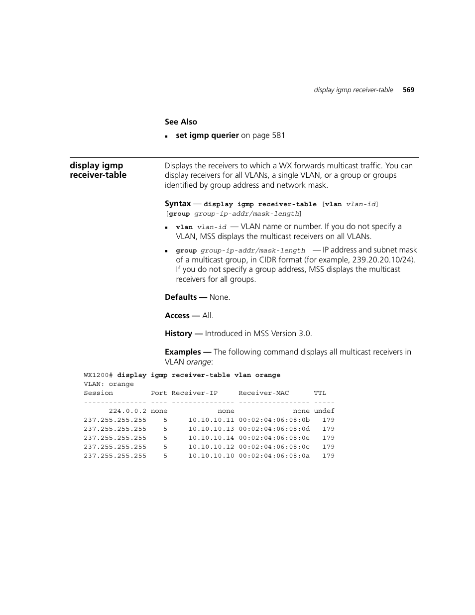 Display igmp receiver-table | 3Com WXR100 3CRWXR10095A User Manual | Page 569 / 800