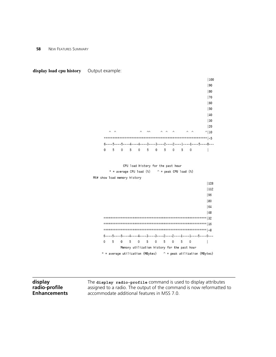 Display load cpu history, Display radio-profile enhancements, Display radio-profile | Display radio-profile enhancements o | 3Com WXR100 3CRWXR10095A User Manual | Page 58 / 800
