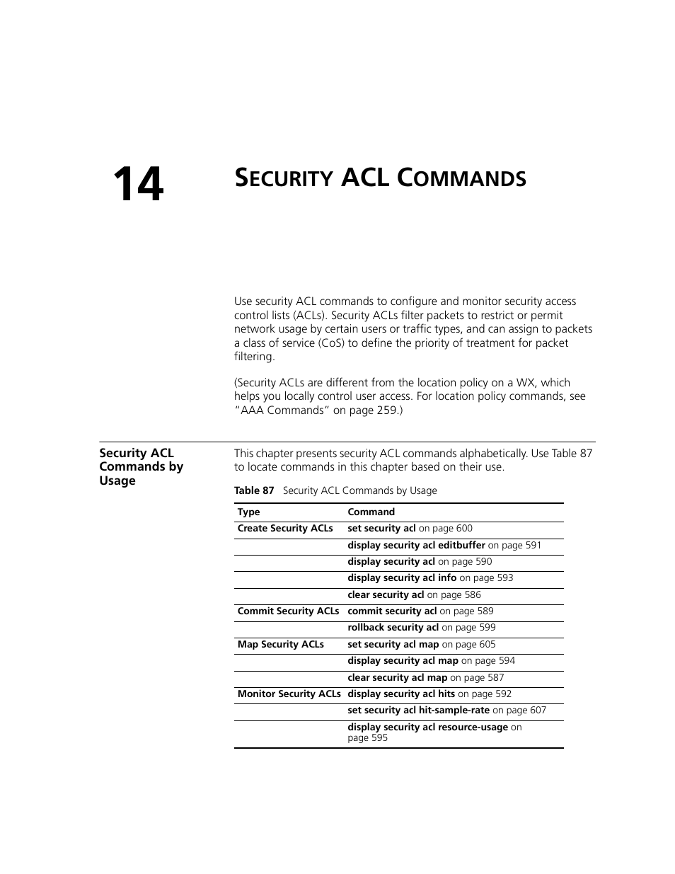 Security acl commands, Security acl commands by usage, Ecurity | Acl c, Ommands, Chapter 14 | 3Com WXR100 3CRWXR10095A User Manual | Page 585 / 800