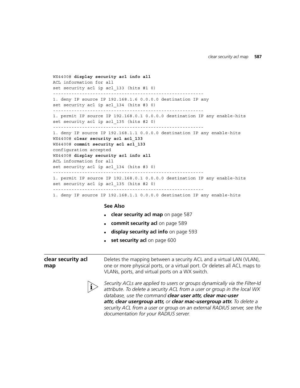 Clear security acl map | 3Com WXR100 3CRWXR10095A User Manual | Page 587 / 800
