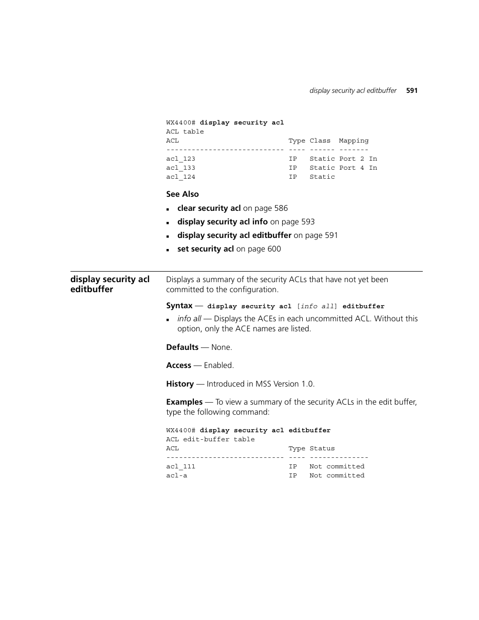 Display security acl editbuffer | 3Com WXR100 3CRWXR10095A User Manual | Page 591 / 800
