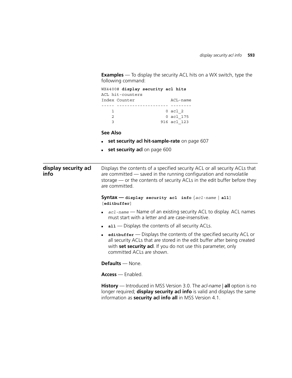 Display security acl info | 3Com WXR100 3CRWXR10095A User Manual | Page 593 / 800