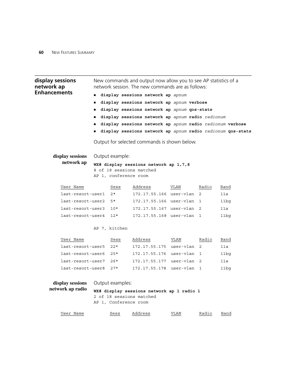 Display sessions network ap enhancements, Display sessions network ap, Display sessions network ap radio | Display | 3Com WXR100 3CRWXR10095A User Manual | Page 60 / 800