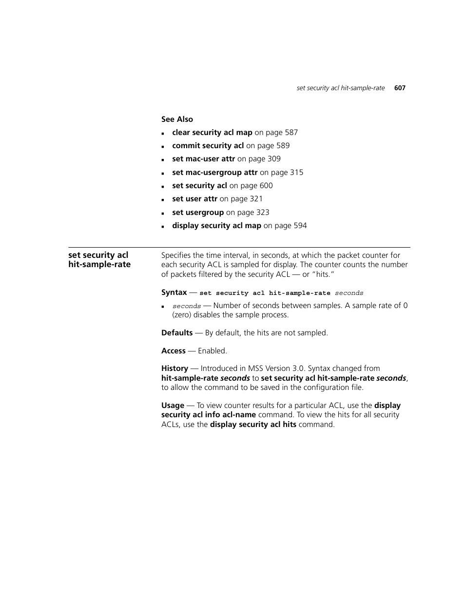 Set security acl hit-sample-rate | 3Com WXR100 3CRWXR10095A User Manual | Page 607 / 800