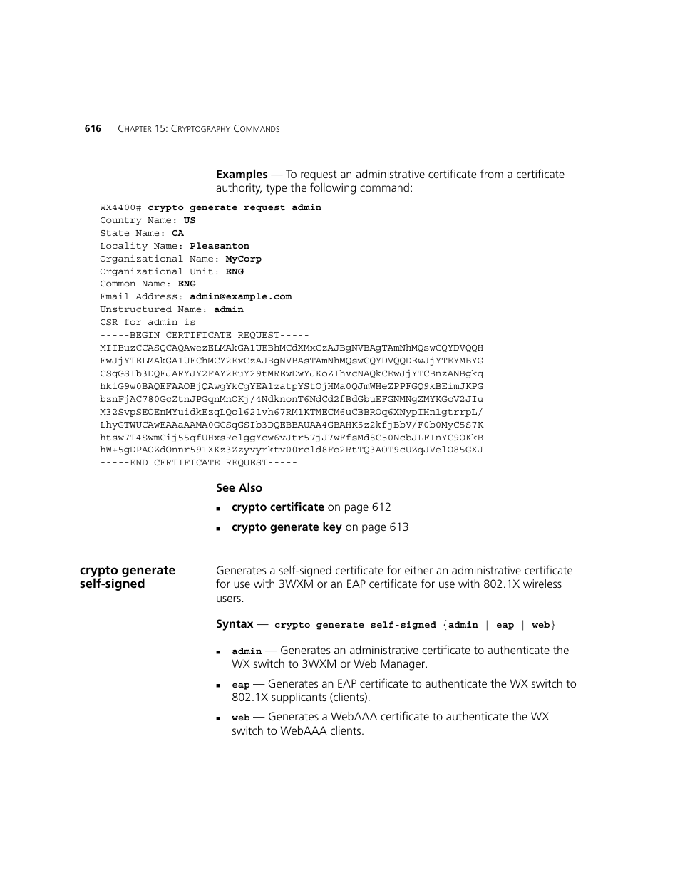 Crypto generate self-signed, Crypto generate self-signed on | 3Com WXR100 3CRWXR10095A User Manual | Page 616 / 800