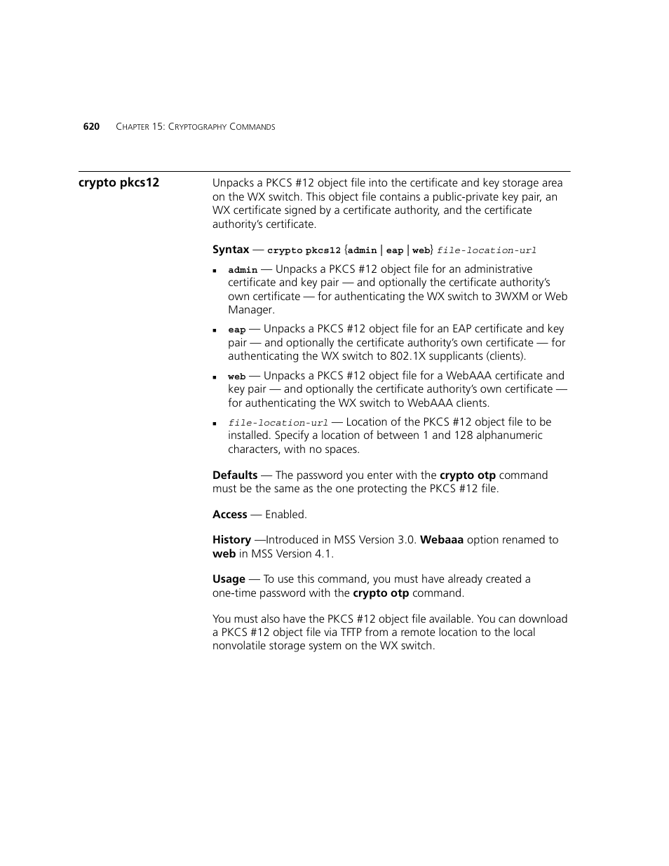 Crypto pkcs12 | 3Com WXR100 3CRWXR10095A User Manual | Page 620 / 800