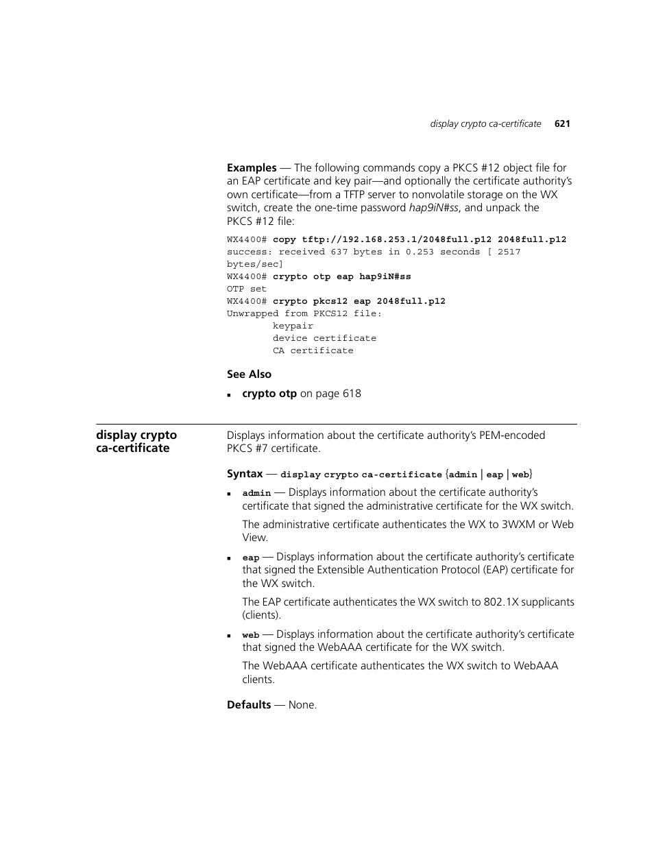Display crypto ca-certificate | 3Com WXR100 3CRWXR10095A User Manual | Page 621 / 800