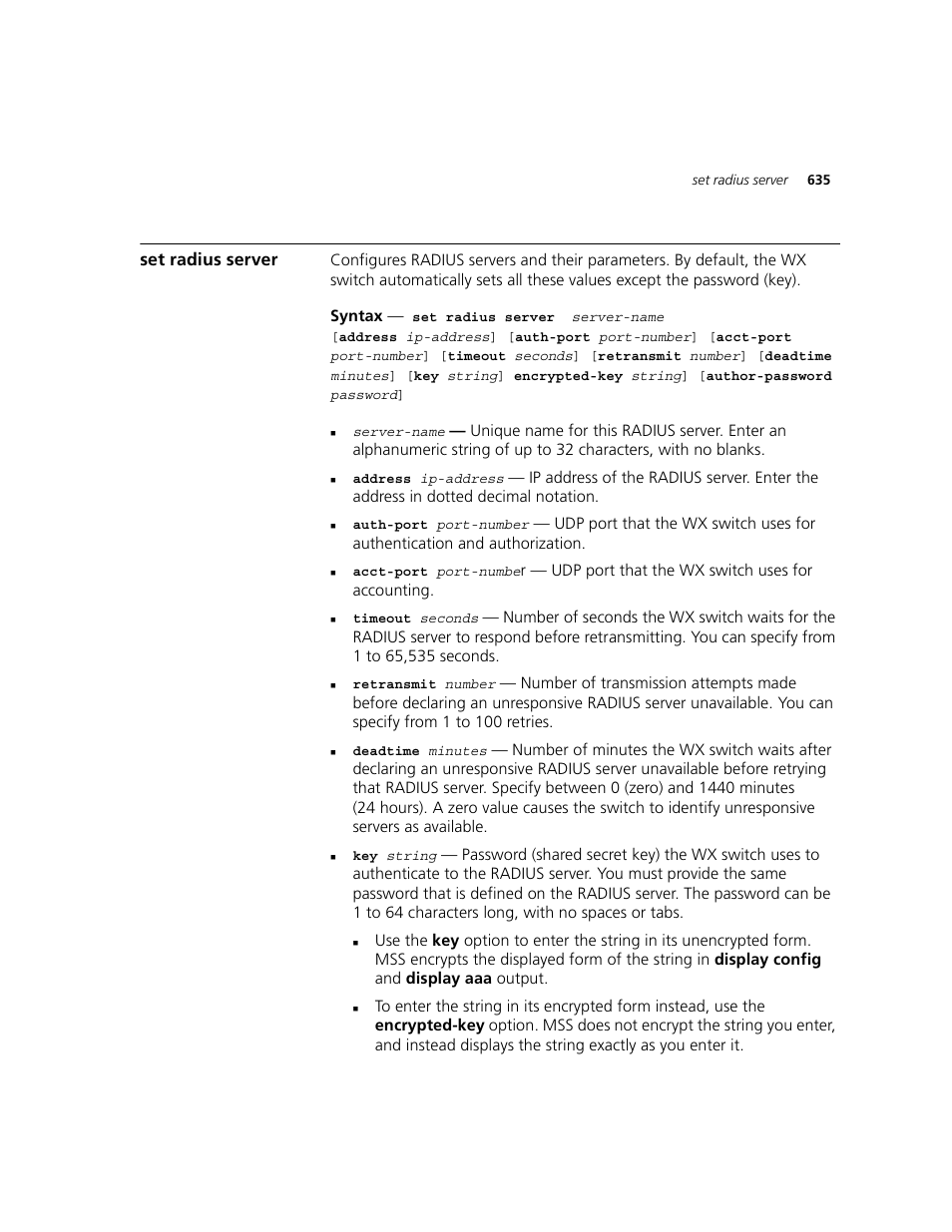 Set radius server | 3Com WXR100 3CRWXR10095A User Manual | Page 635 / 800