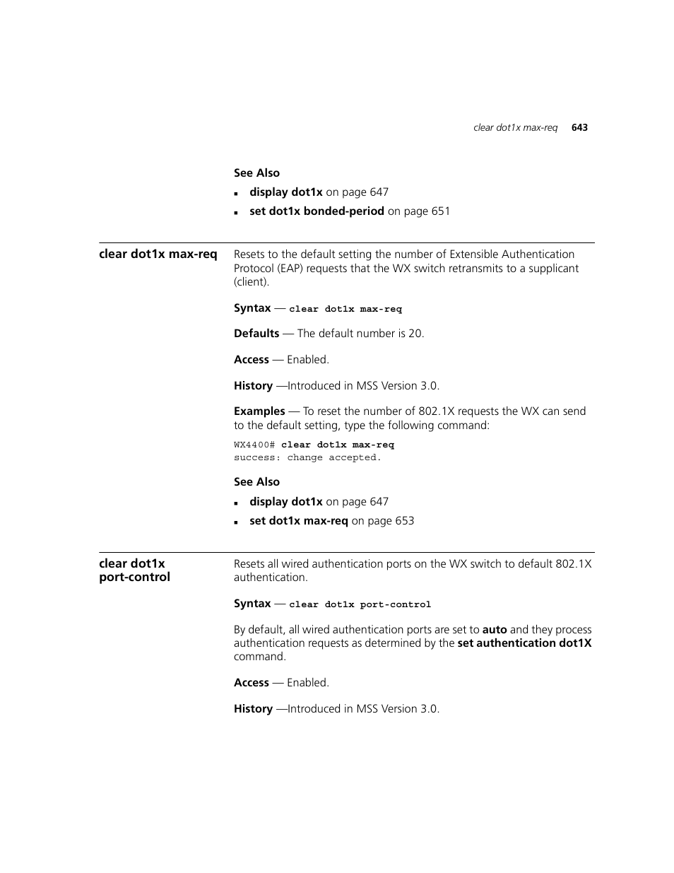 Clear dot1x max-req, Clear dot1x port-control | 3Com WXR100 3CRWXR10095A User Manual | Page 643 / 800