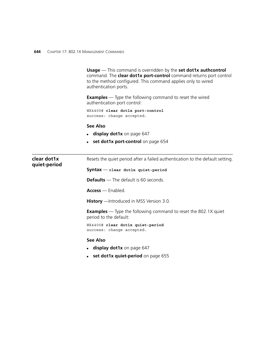 Clear dot1x quiet-period | 3Com WXR100 3CRWXR10095A User Manual | Page 644 / 800