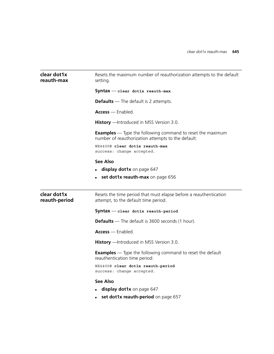 Clear dot1x reauth-max, Clear dot1x reauth-period | 3Com WXR100 3CRWXR10095A User Manual | Page 645 / 800