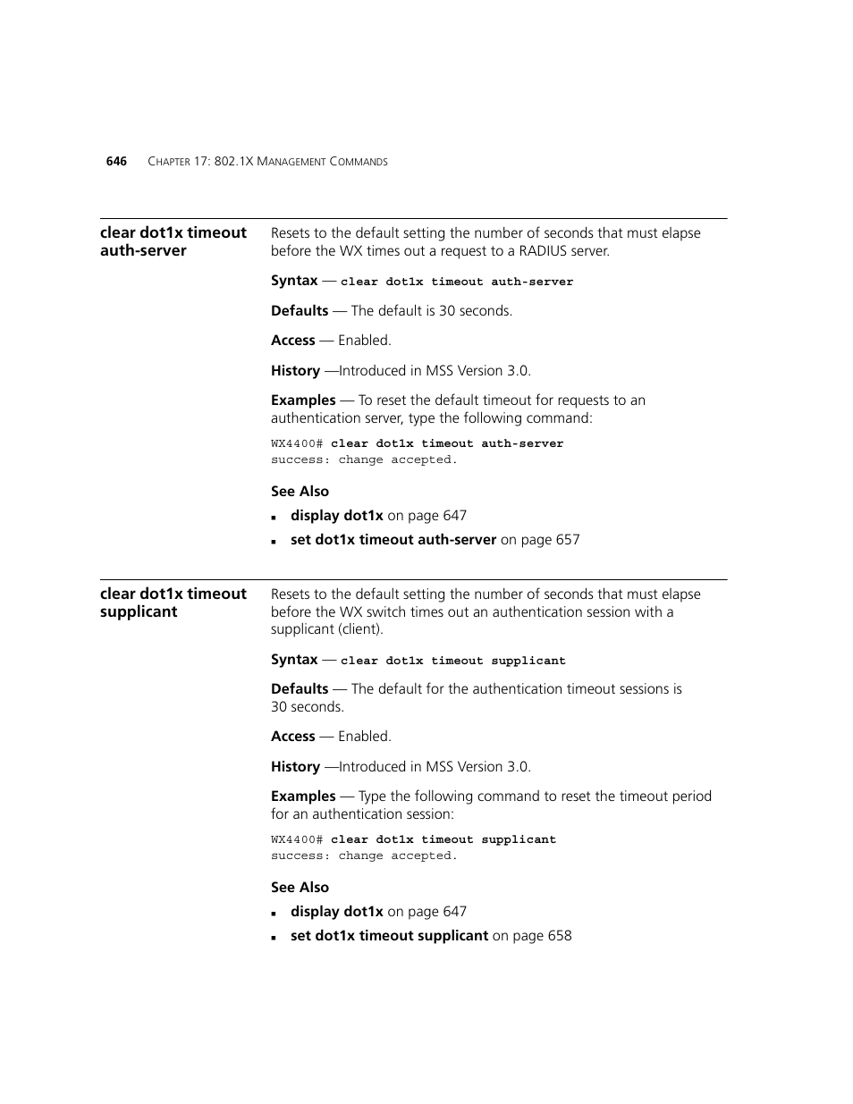 Clear dot1x timeout auth-server, Clear dot1x timeout supplicant | 3Com WXR100 3CRWXR10095A User Manual | Page 646 / 800