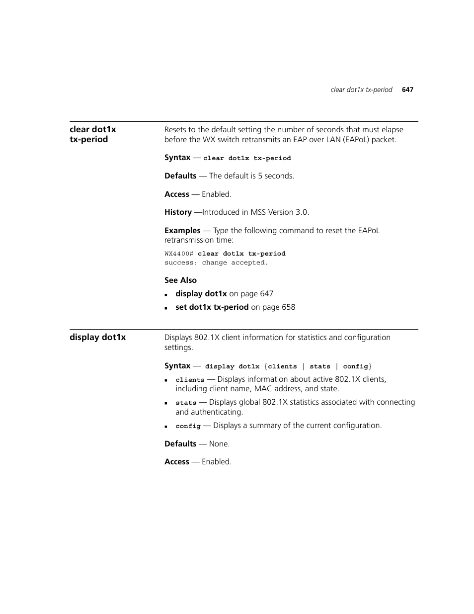 Clear dot1x tx-period, Display dot1x | 3Com WXR100 3CRWXR10095A User Manual | Page 647 / 800