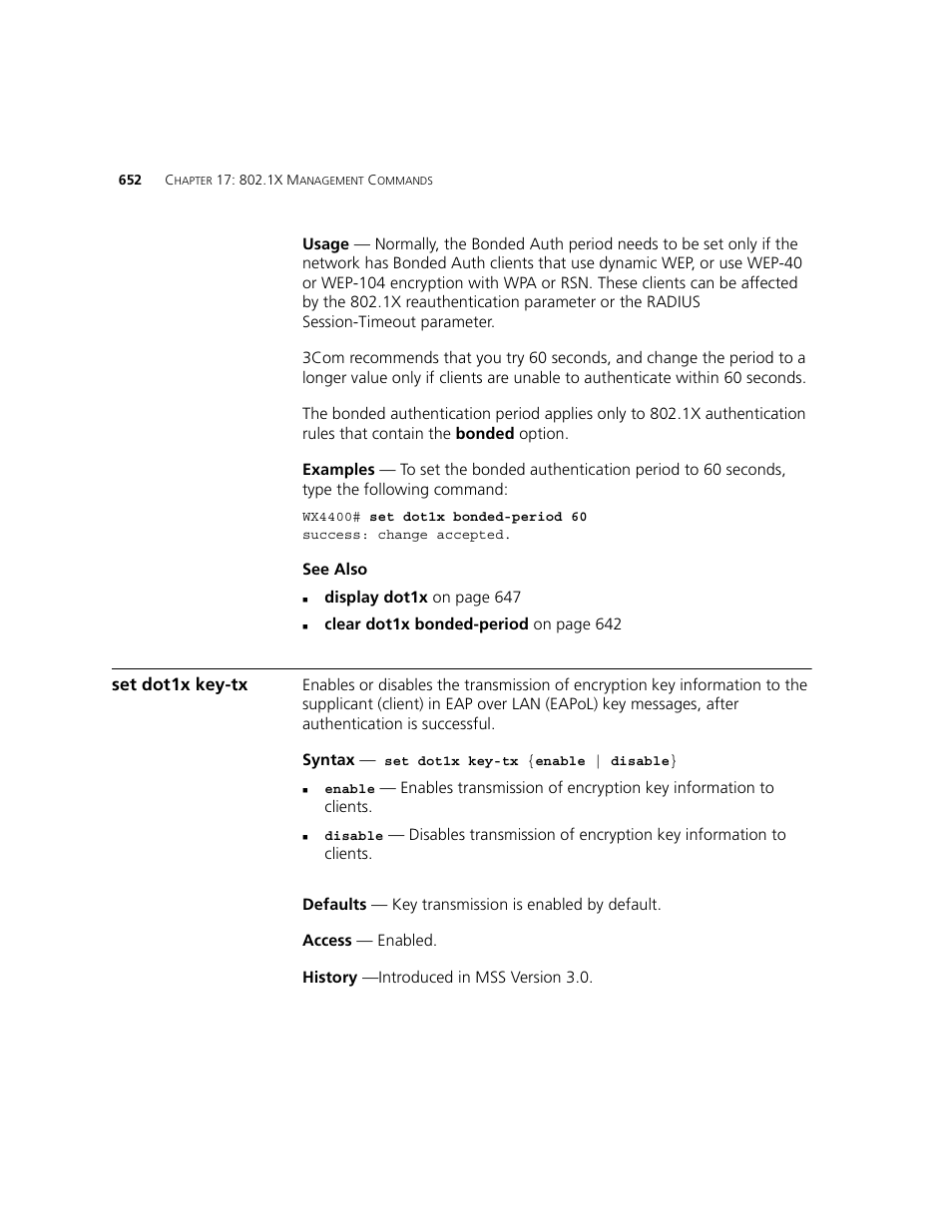 Set dot1x key-tx | 3Com WXR100 3CRWXR10095A User Manual | Page 652 / 800