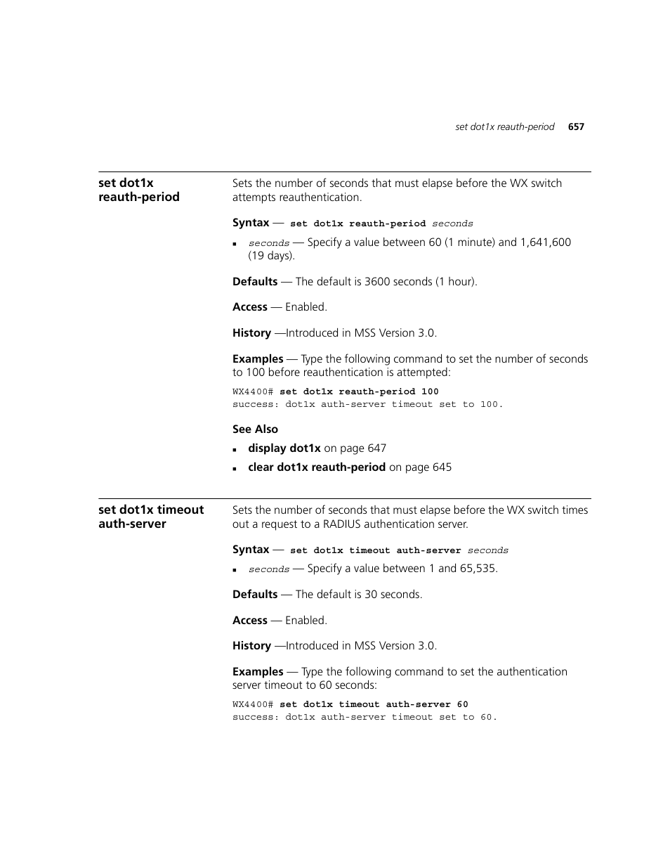 Set dot1x reauth-period, Set dot1x timeout auth-server | 3Com WXR100 3CRWXR10095A User Manual | Page 657 / 800