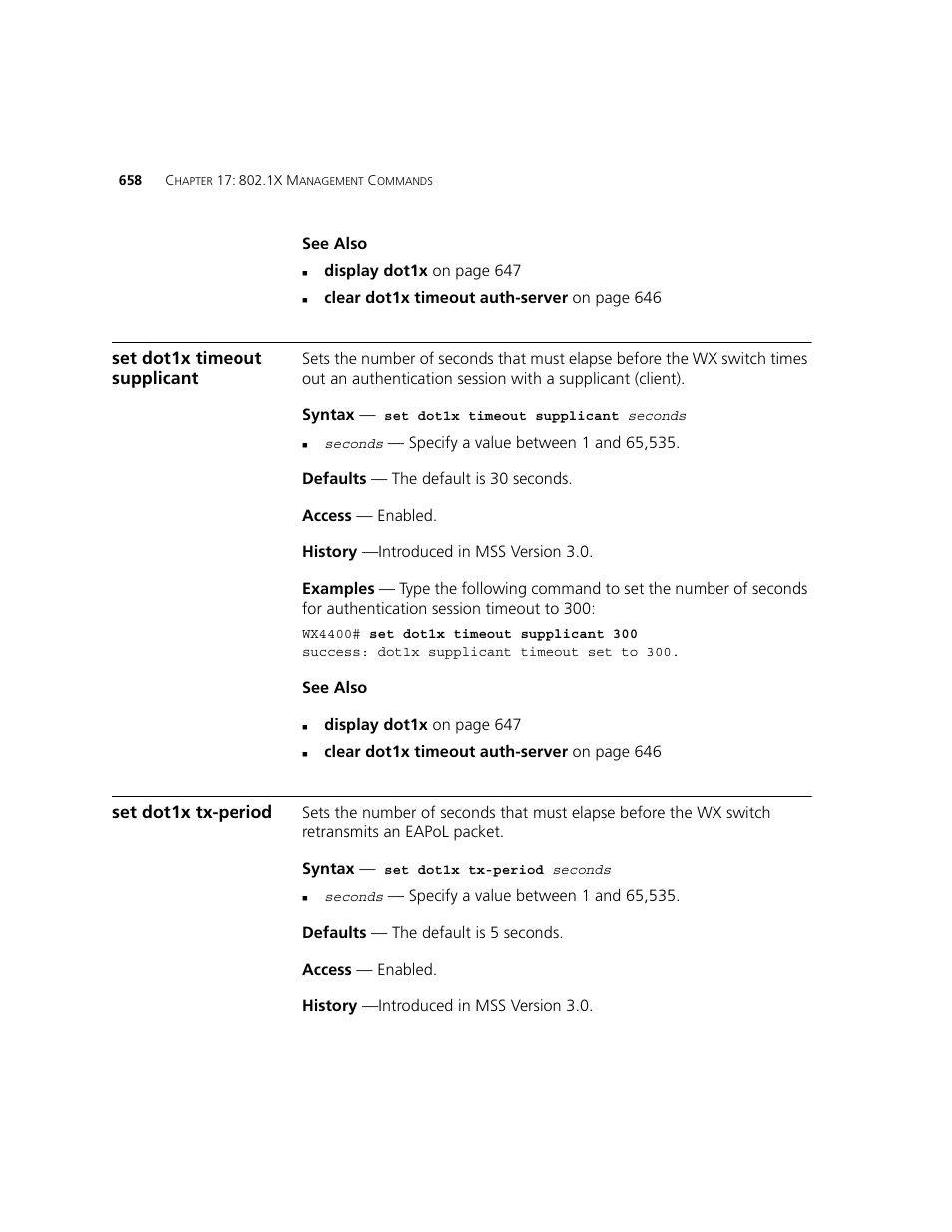 Set dot1x timeout supplicant, Set dot1x tx-period | 3Com WXR100 3CRWXR10095A User Manual | Page 658 / 800