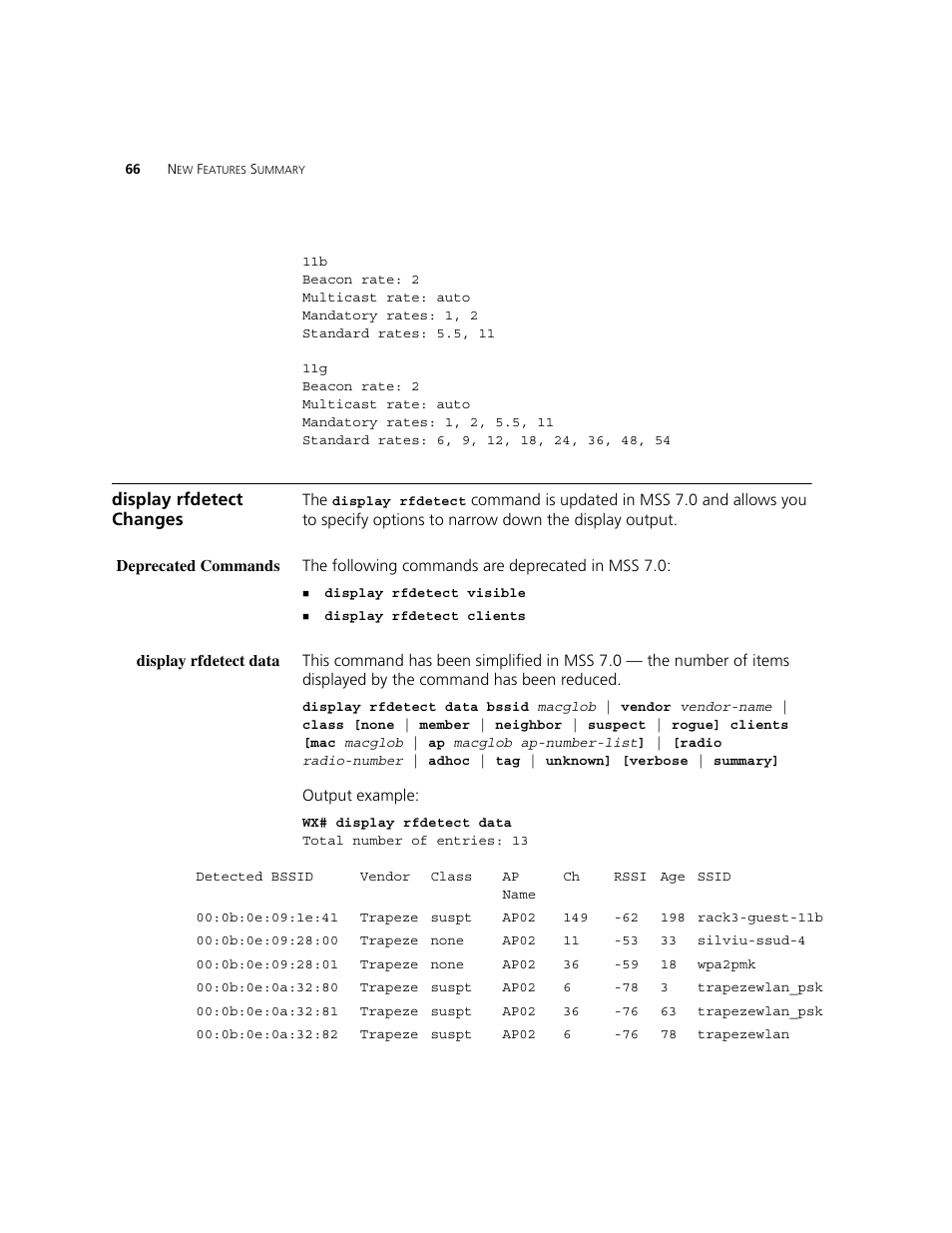 Display rfdetect changes, Deprecated commands, Display rfdetect data | 3Com WXR100 3CRWXR10095A User Manual | Page 66 / 800