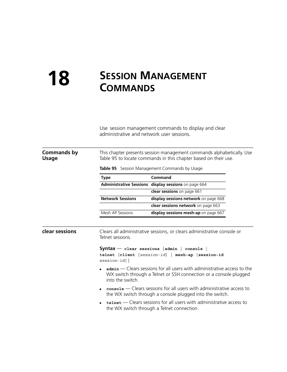 Session management commands, Commands by usage, Clear sessions | Ession, Anagement, Ommands | 3Com WXR100 3CRWXR10095A User Manual | Page 661 / 800