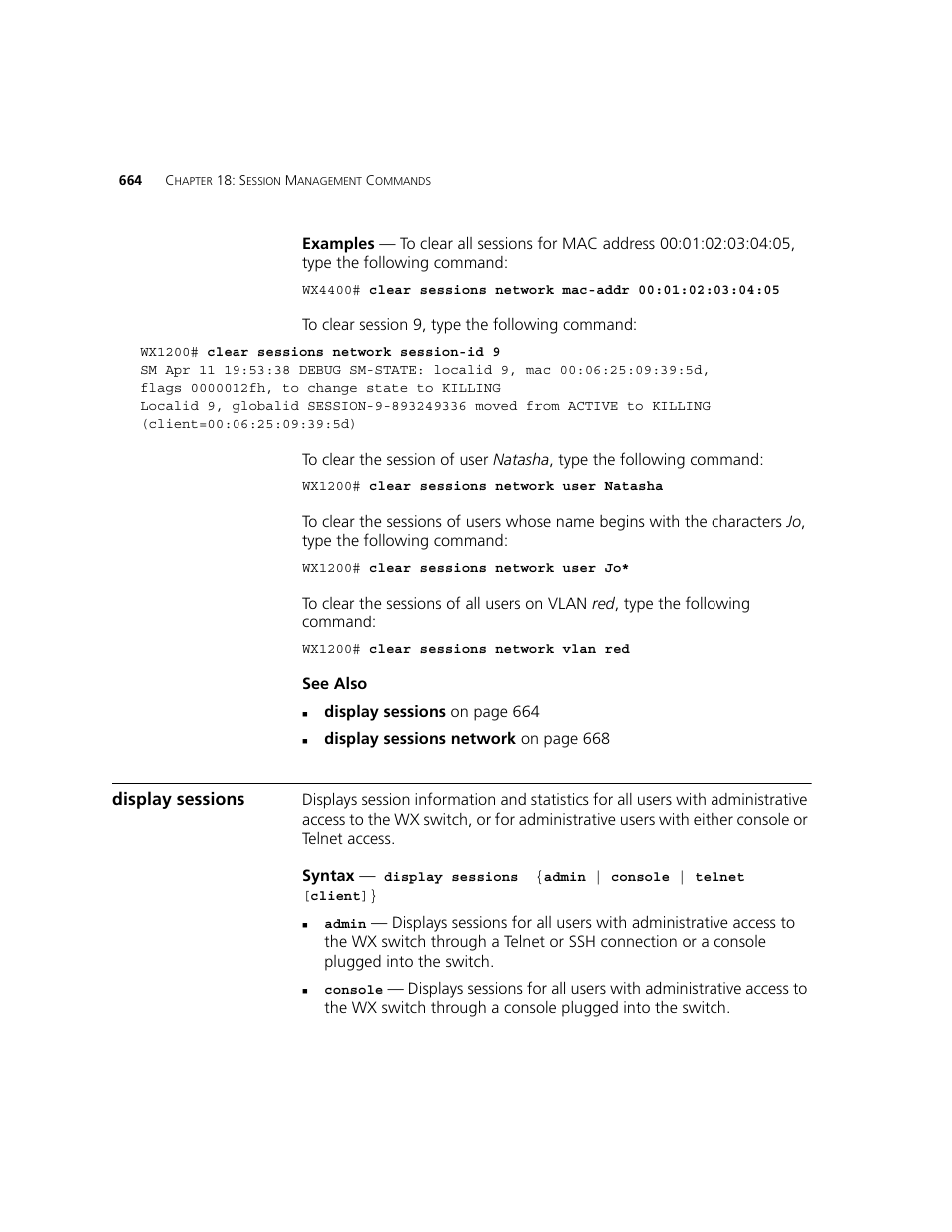 Display sessions | 3Com WXR100 3CRWXR10095A User Manual | Page 664 / 800