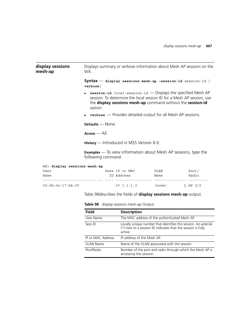 Display sessions mesh-ap | 3Com WXR100 3CRWXR10095A User Manual | Page 667 / 800