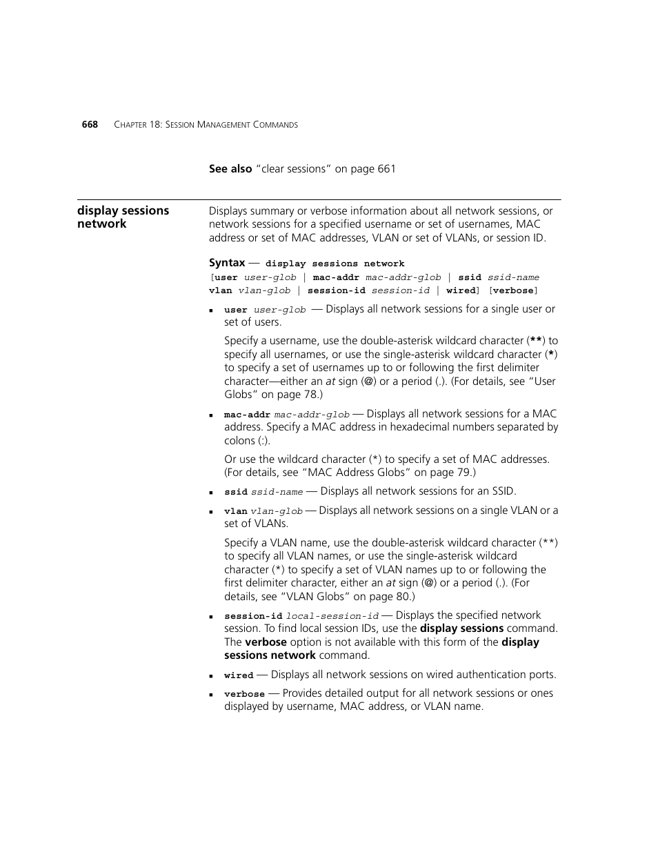 Display sessions network | 3Com WXR100 3CRWXR10095A User Manual | Page 668 / 800