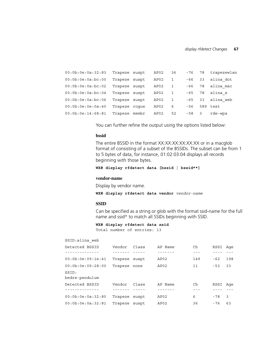 Bssid, Vendor-name, Ssid | 3Com WXR100 3CRWXR10095A User Manual | Page 67 / 800