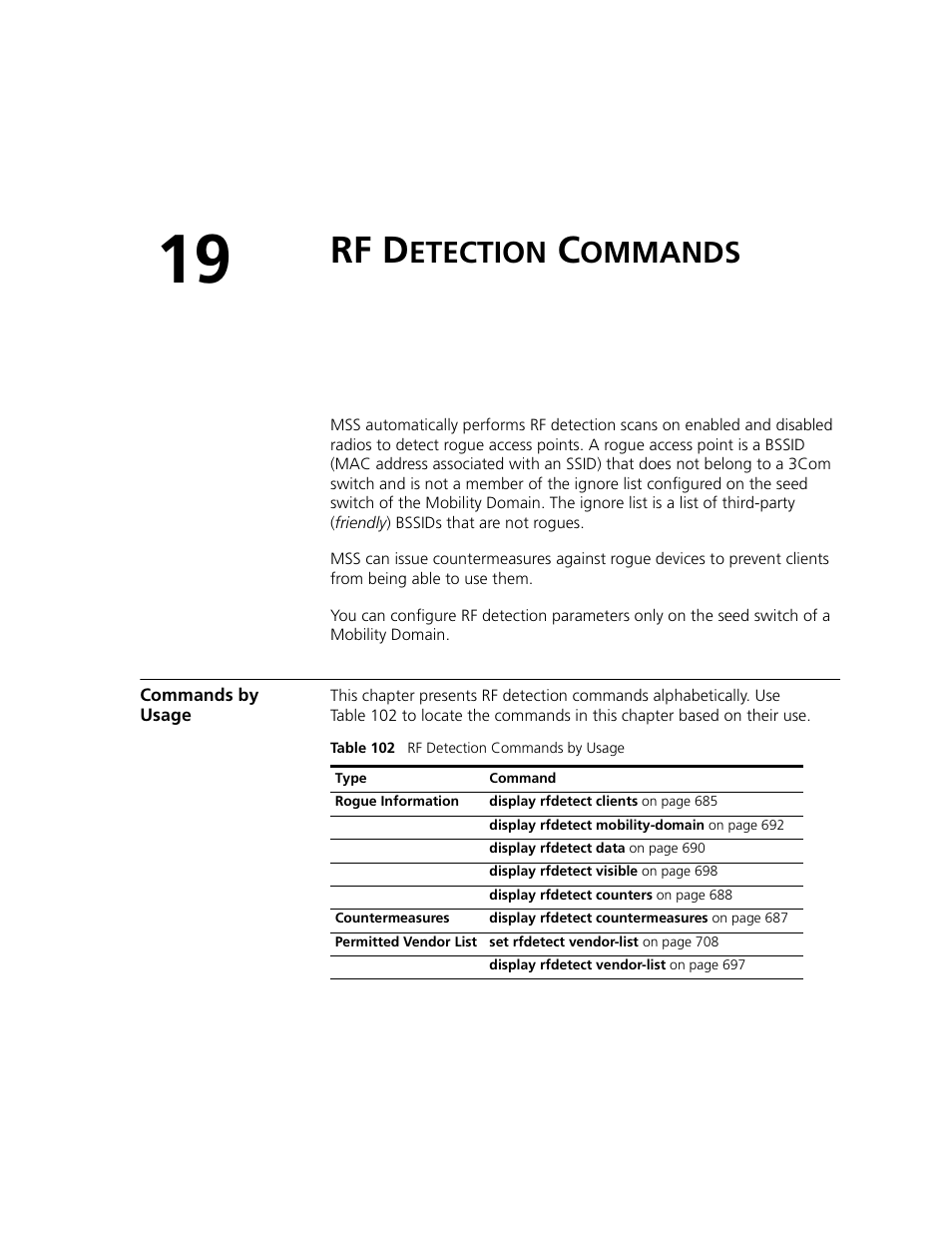 Rf detection commands, Commands by usage, Rf d | Etection, Ommands | 3Com WXR100 3CRWXR10095A User Manual | Page 677 / 800