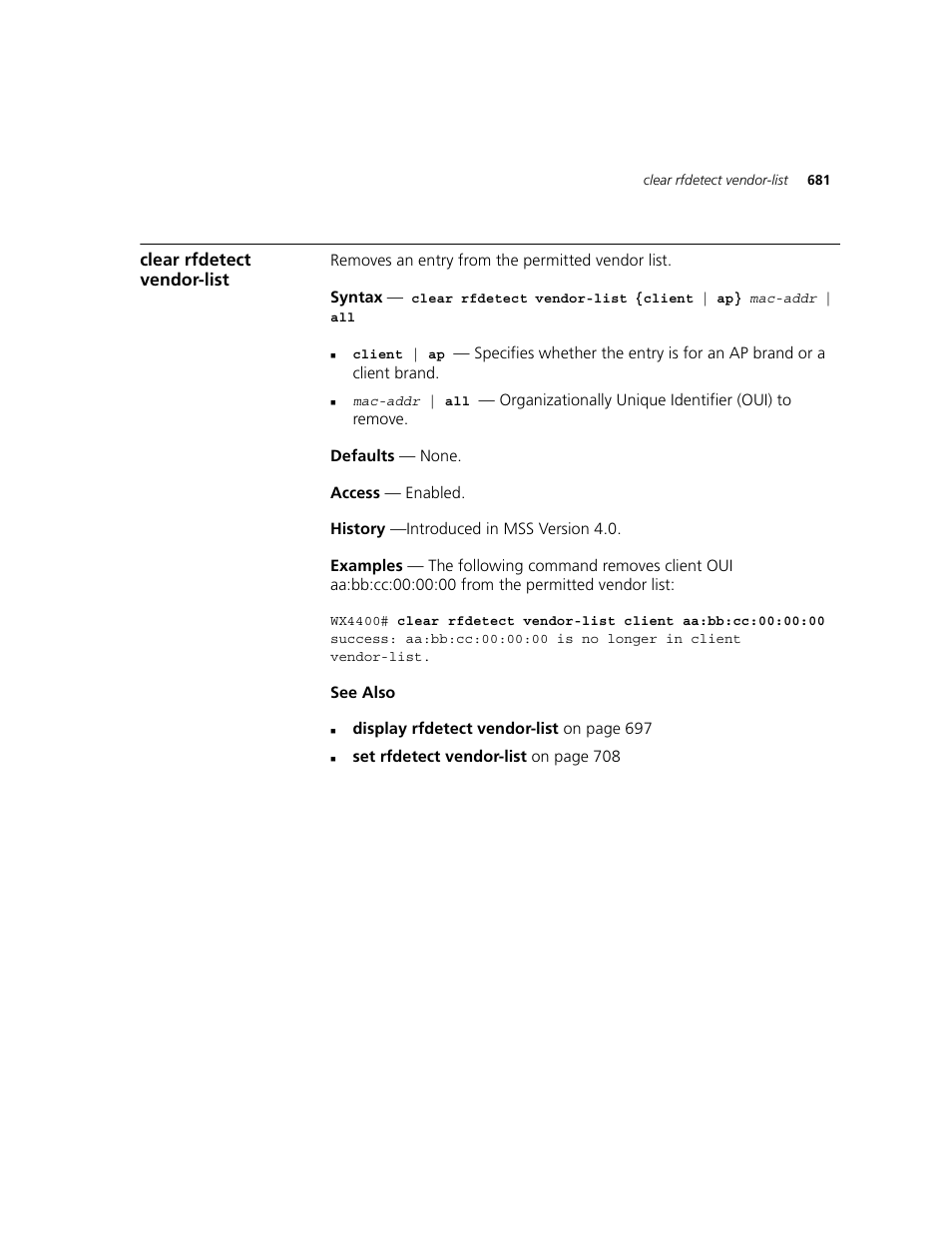 Clear rfdetect vendor-list | 3Com WXR100 3CRWXR10095A User Manual | Page 681 / 800