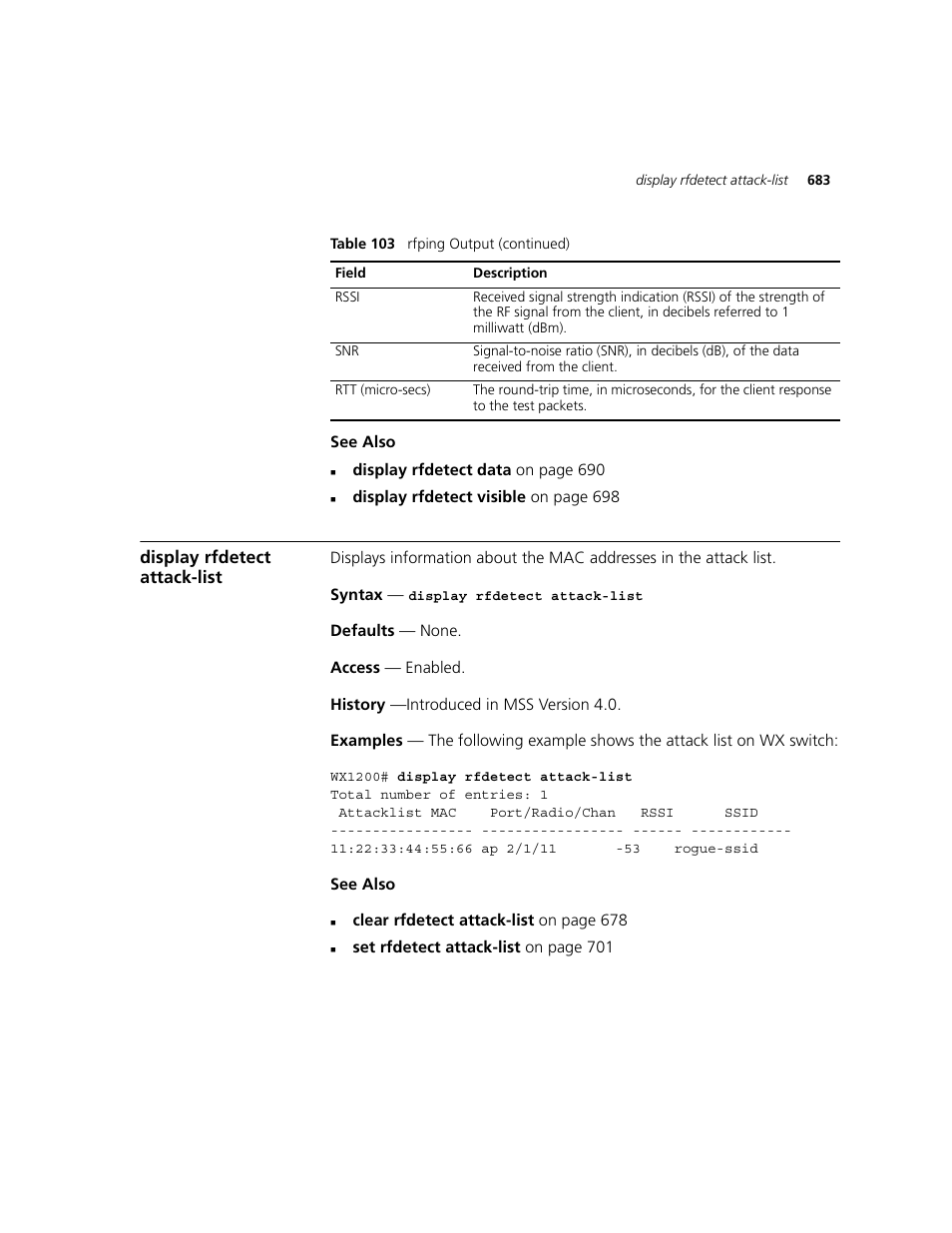 Display rfdetect attack-list | 3Com WXR100 3CRWXR10095A User Manual | Page 683 / 800