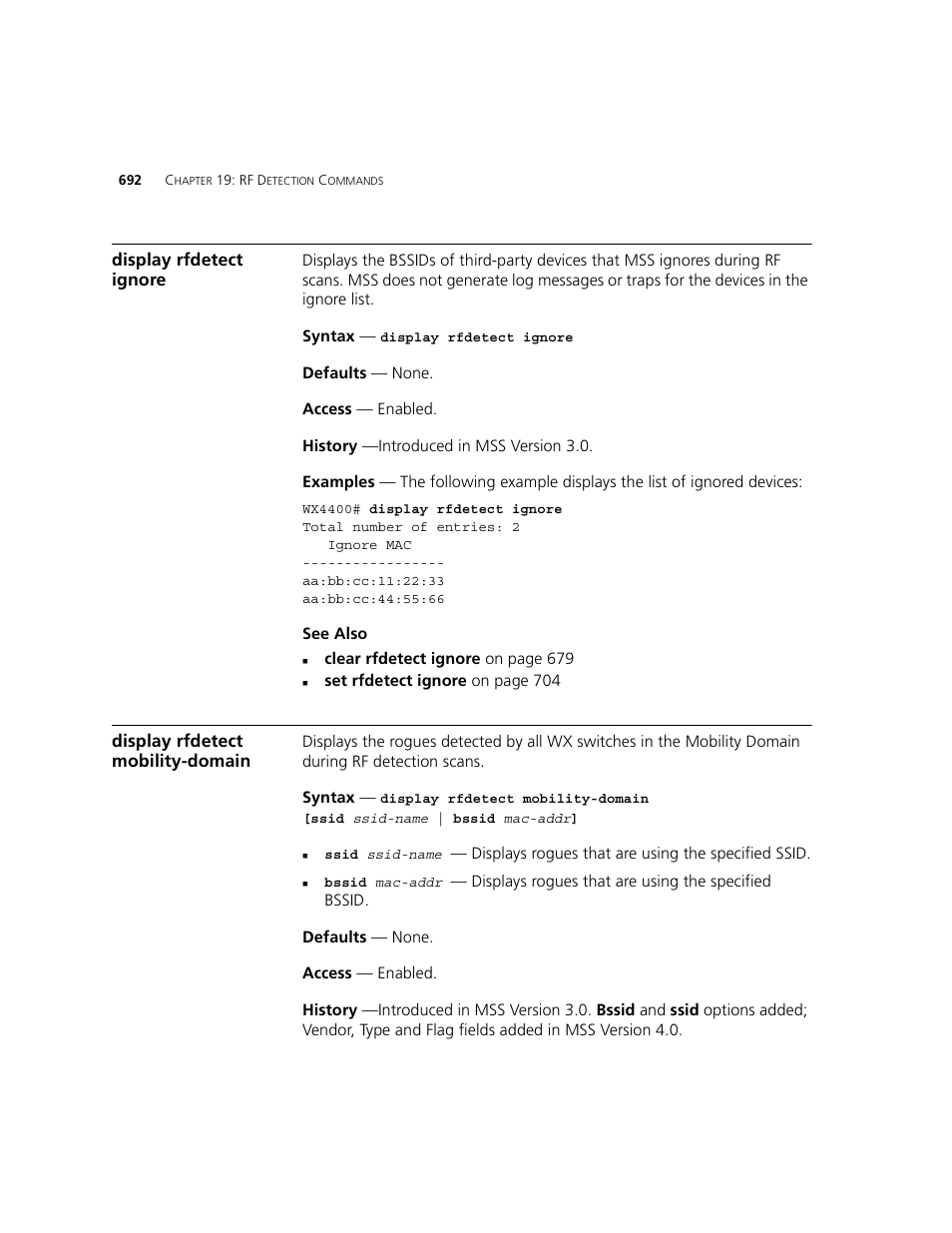 Display rfdetect ignore, Display rfdetect mobility-domain | 3Com WXR100 3CRWXR10095A User Manual | Page 692 / 800