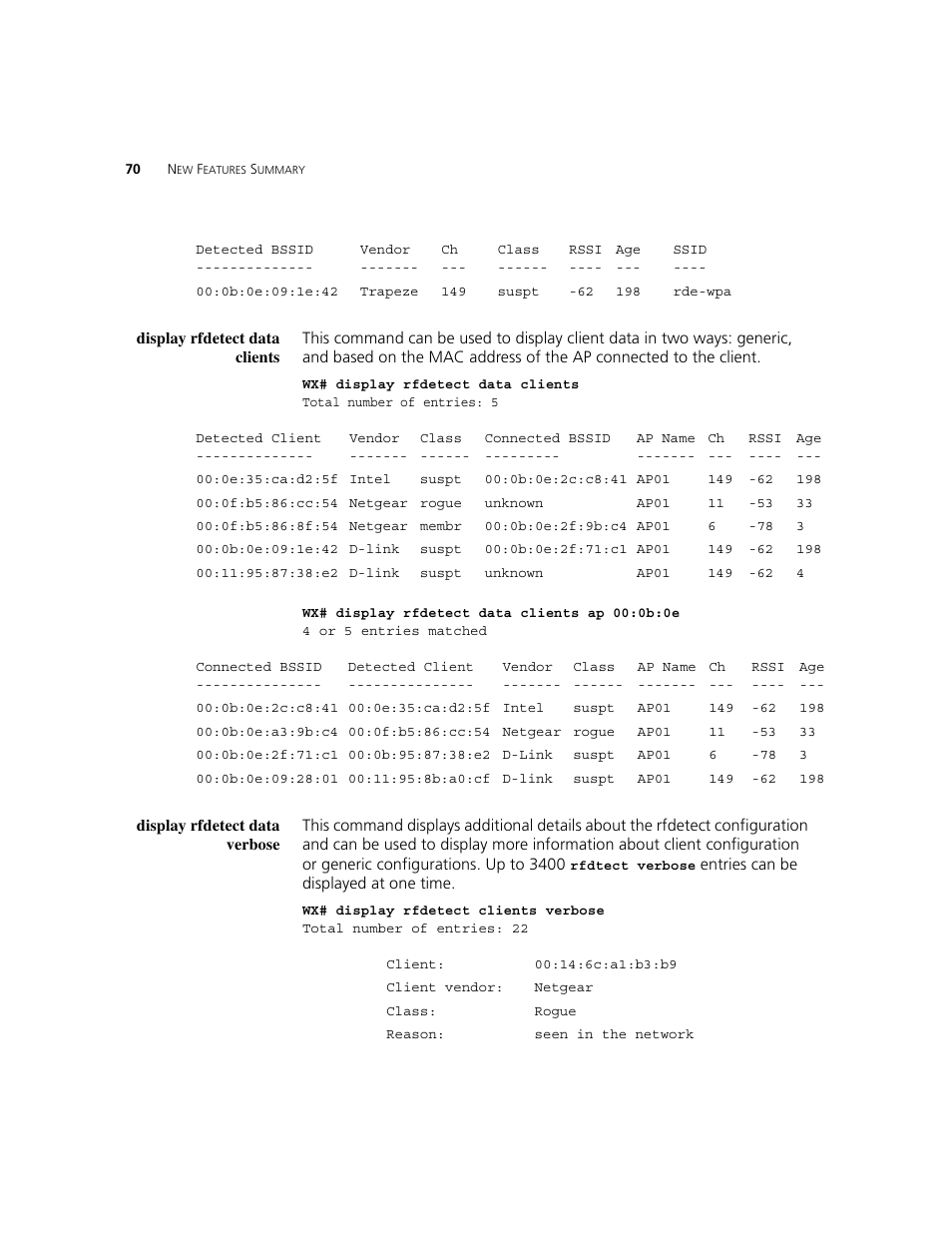 Display rfdetect data clients, Display rfdetect data verbose | 3Com WXR100 3CRWXR10095A User Manual | Page 70 / 800