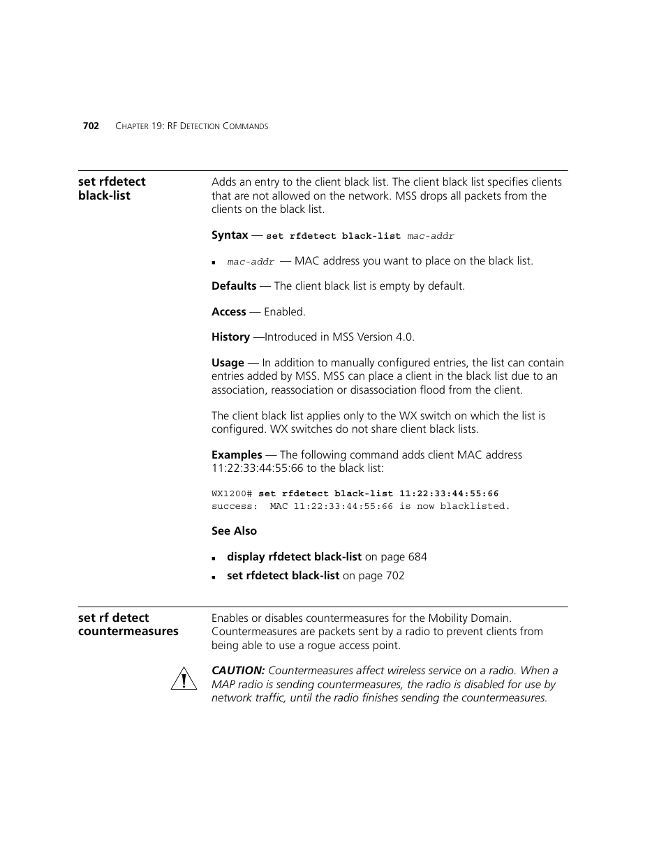 Set rfdetect black-list, Set rf detect countermeasures | 3Com WXR100 3CRWXR10095A User Manual | Page 702 / 800