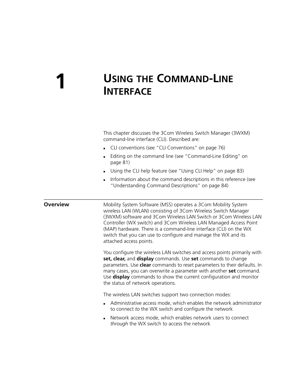 Using the command-line interface, Overview, Sing | Ommand, Nterface | 3Com WXR100 3CRWXR10095A User Manual | Page 75 / 800