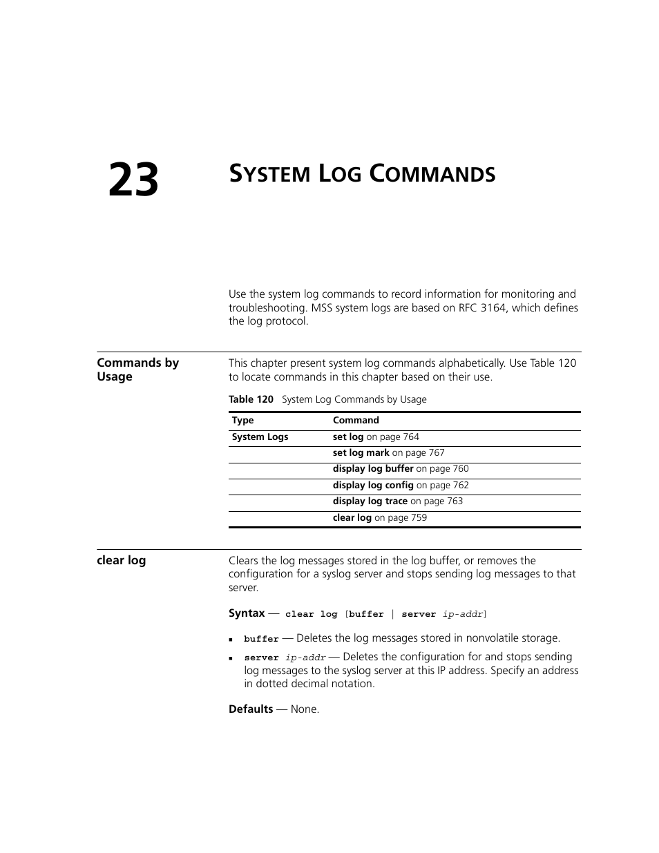 System log commands, Commands by usage, Clear log | Ystem, Ommands | 3Com WXR100 3CRWXR10095A User Manual | Page 759 / 800