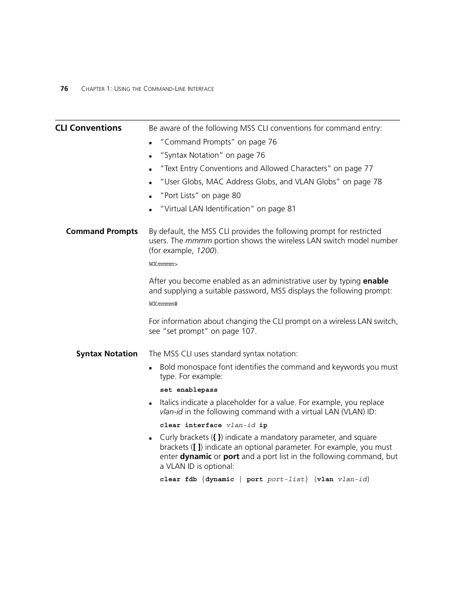 Cli conventions, Command prompts, Syntax notation | 3Com WXR100 3CRWXR10095A User Manual | Page 76 / 800