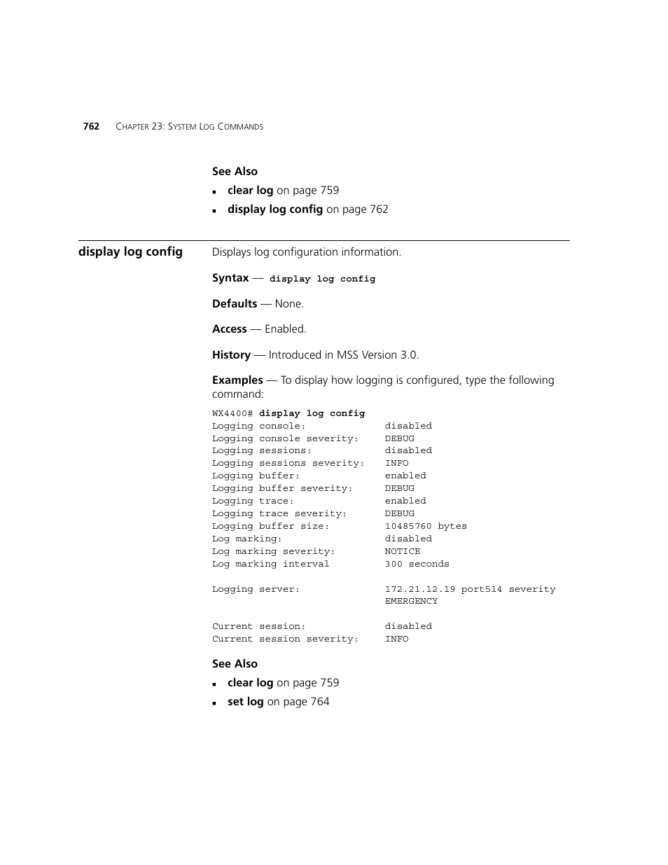 Display log config | 3Com WXR100 3CRWXR10095A User Manual | Page 762 / 800