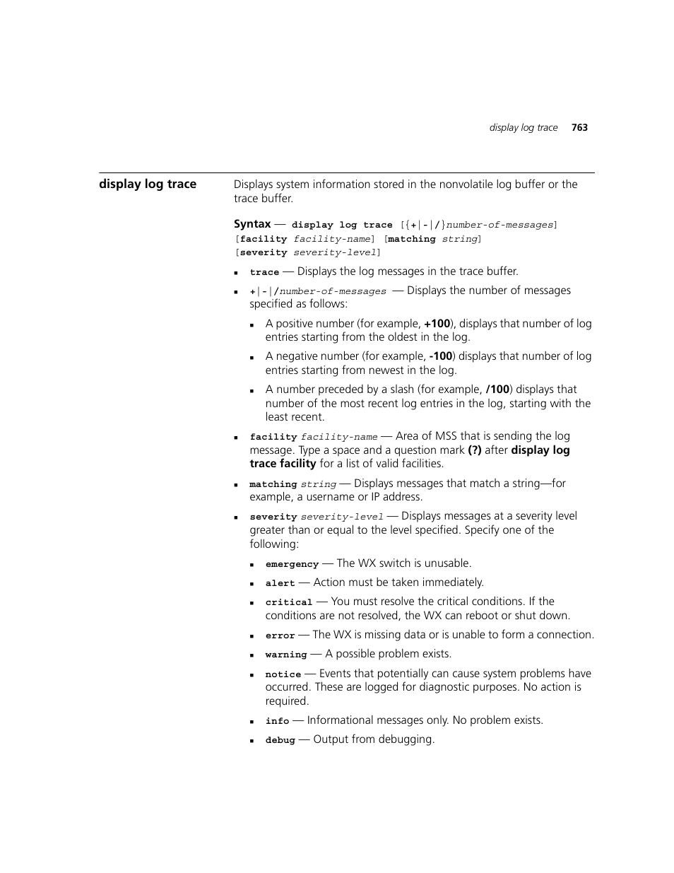 Display log trace | 3Com WXR100 3CRWXR10095A User Manual | Page 763 / 800