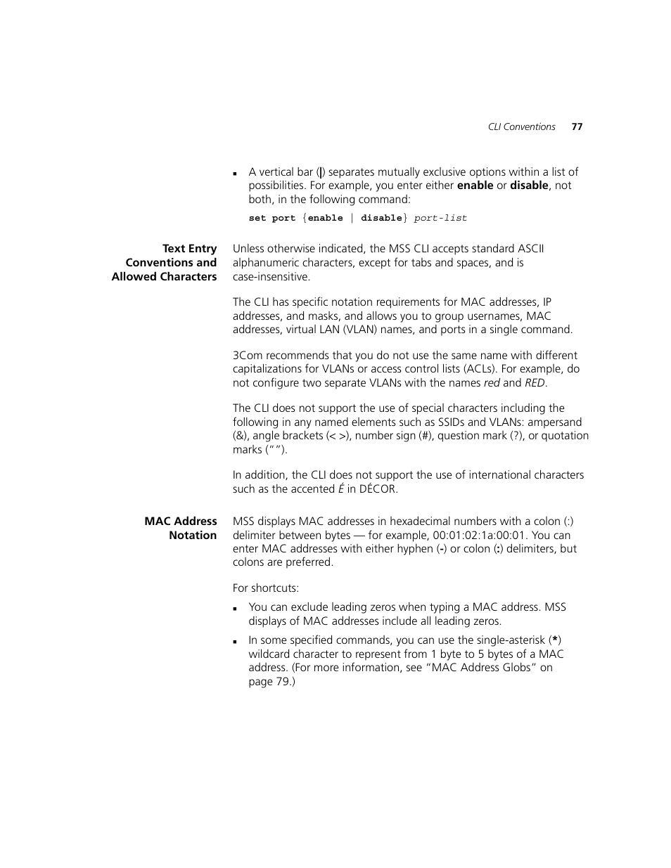 Text entry conventions and allowed characters, Mac address notation | 3Com WXR100 3CRWXR10095A User Manual | Page 77 / 800