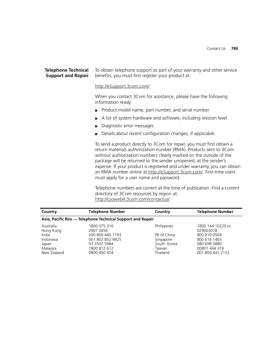 Telephone technical support and repair | 3Com WXR100 3CRWXR10095A User Manual | Page 789 / 800
