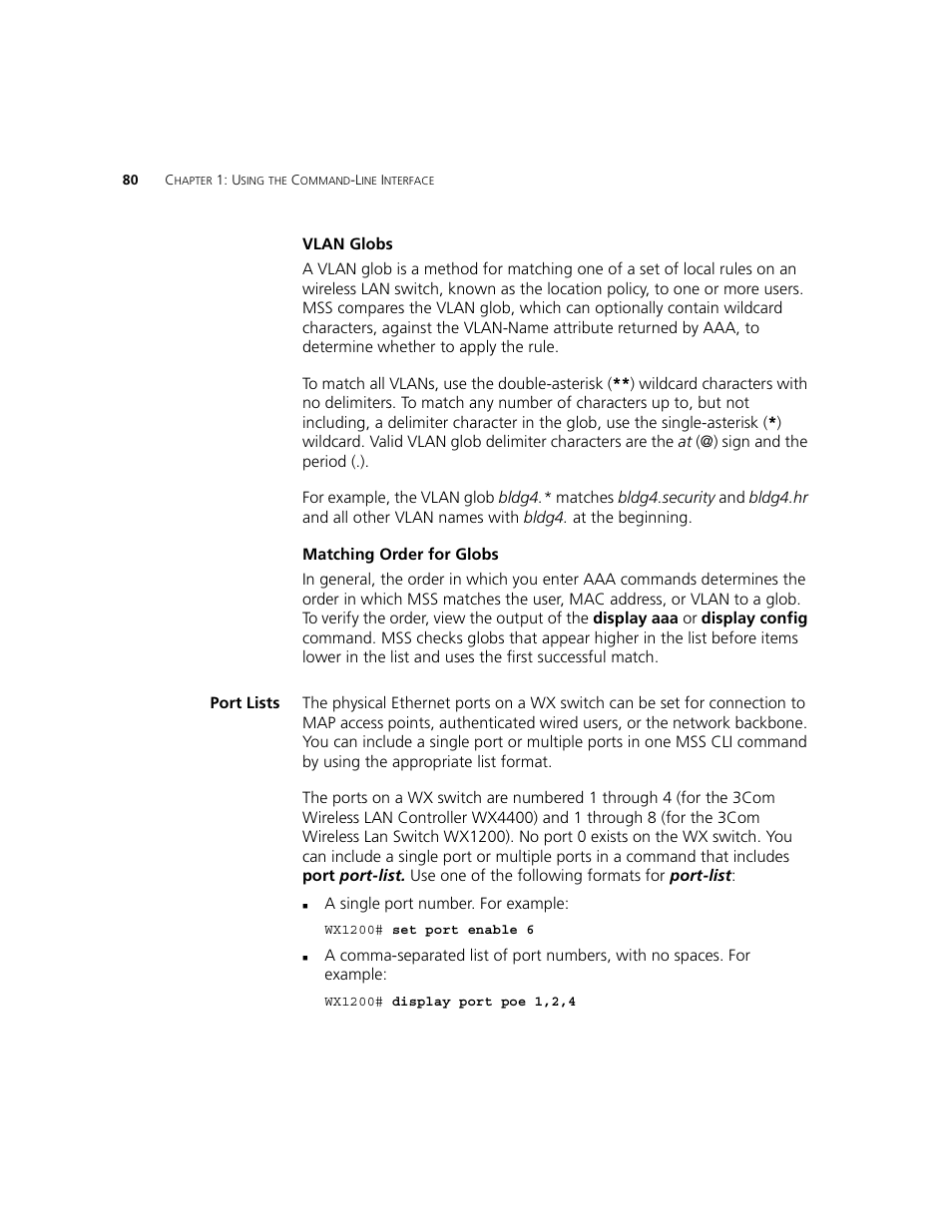 Vlan globs, Matching order for globs, Port lists | 3Com WXR100 3CRWXR10095A User Manual | Page 80 / 800