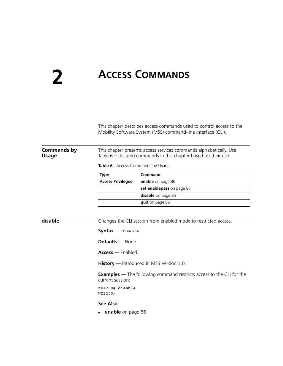 Access commands, Commands by usage, Disable | Ccess, Ommands | 3Com WXR100 3CRWXR10095A User Manual | Page 85 / 800