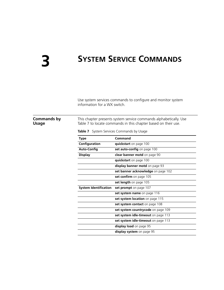 System service commands, Commands by usage, Ystem | Ervice, Ommands | 3Com WXR100 3CRWXR10095A User Manual | Page 89 / 800