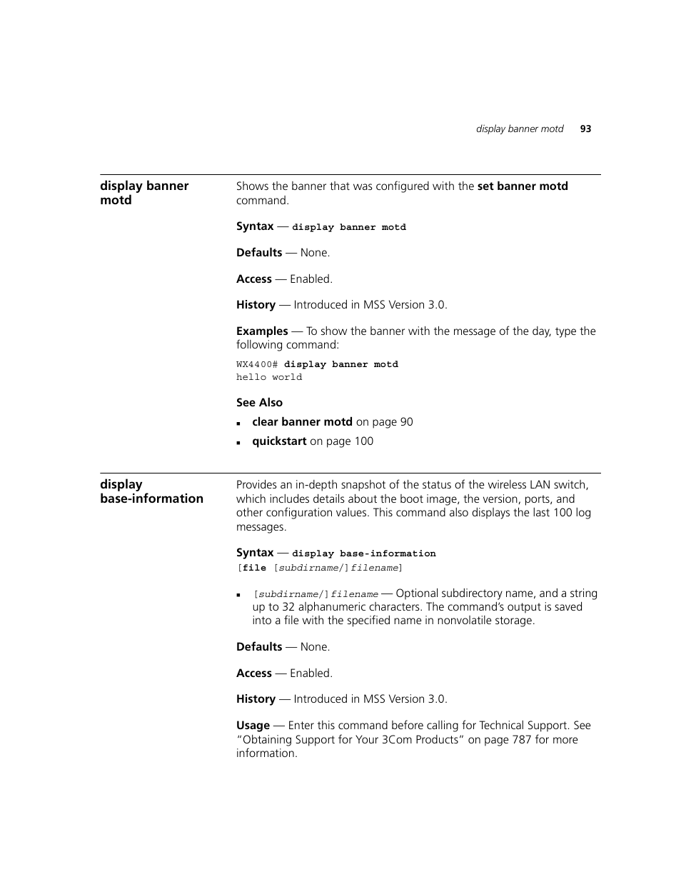 Display banner motd, Display base-information | 3Com WXR100 3CRWXR10095A User Manual | Page 93 / 800