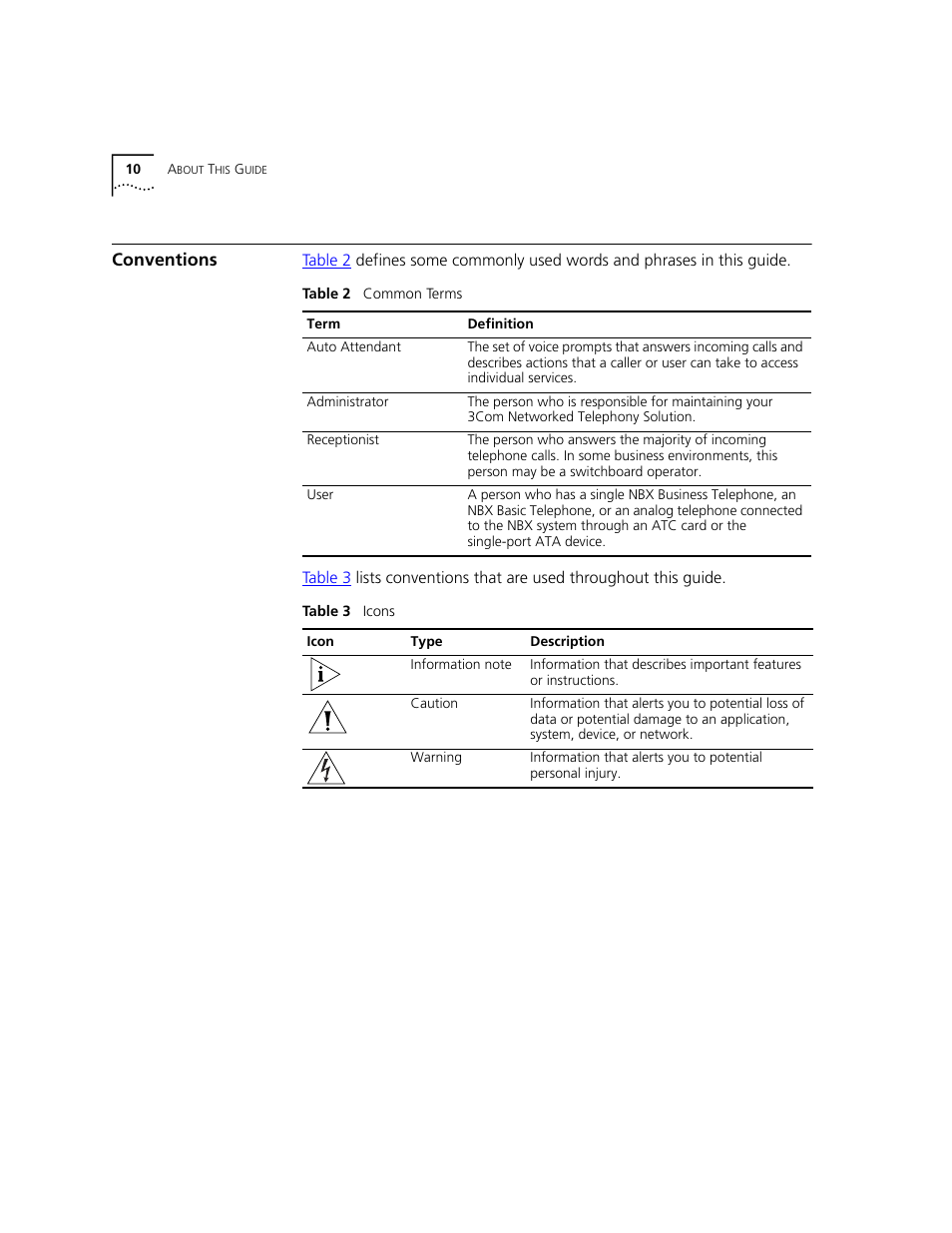 Conventions | 3Com NBX 3101 User Manual | Page 10 / 126