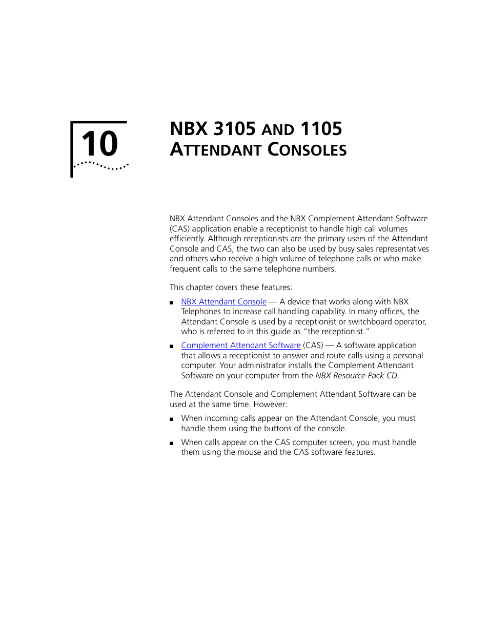 Nbx 3105 and 1105 attendant consoles, Nbx 3105, 1105 a | Ttendant, Onsoles, Chapter 10 | 3Com NBX 3101 User Manual | Page 101 / 126
